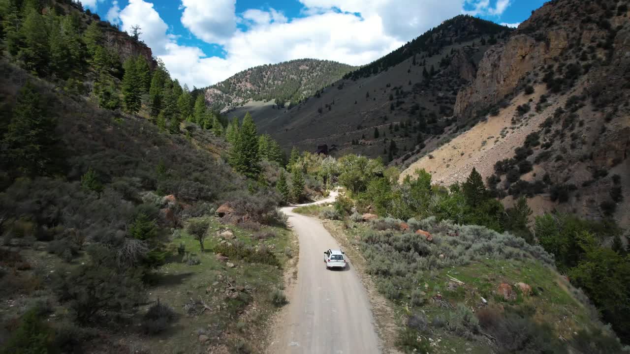 el coche blanco sube por el camino de tierra a las montañas en verano con pinos