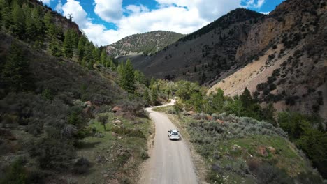 white car drives up dirt road into the mountains in summertime with pine trees