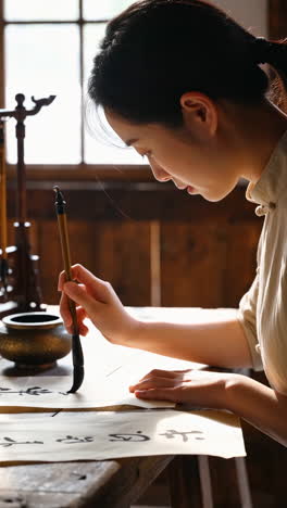person practicing traditional calligraphy with a brush