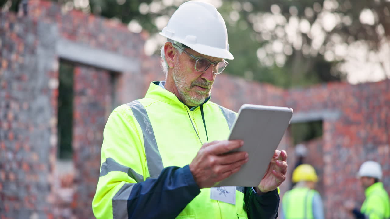 Construction worker using tablet at building site