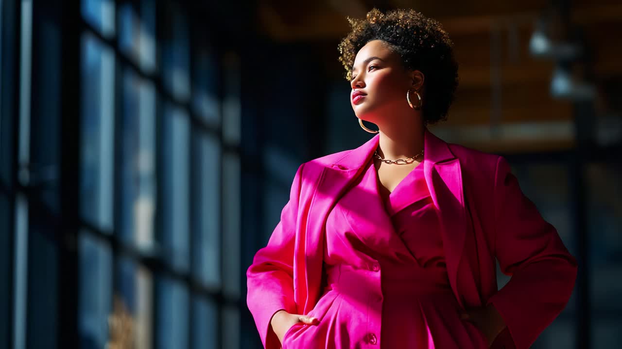 Captivating Portrait of a Confident Woman in Vibrant Pink Attire, Bathed in Soft Natural Light, Showcasing Empowerment and Fashion Sensibility in a Stylish Urban Setting
