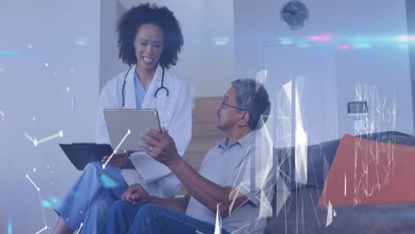 animation of connections over diverse doctor and patient using tablet