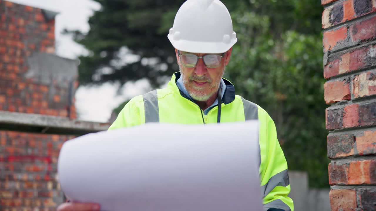 Construction worker reviewing plans at a construction site