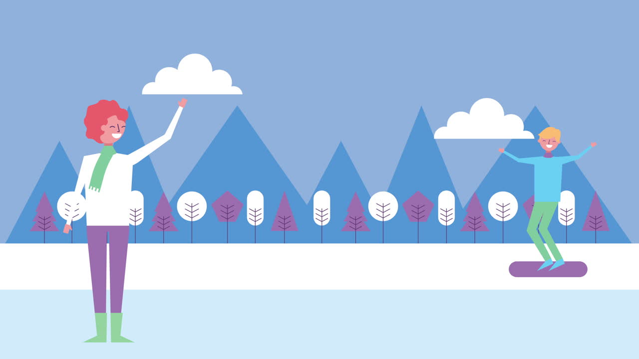 커플이 스포츠를 연습하는 겨울 눈 풍경 장면