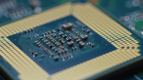 close-up examination of a microprocessor chip detailing its complex circuitry and structures for advanced computing applications