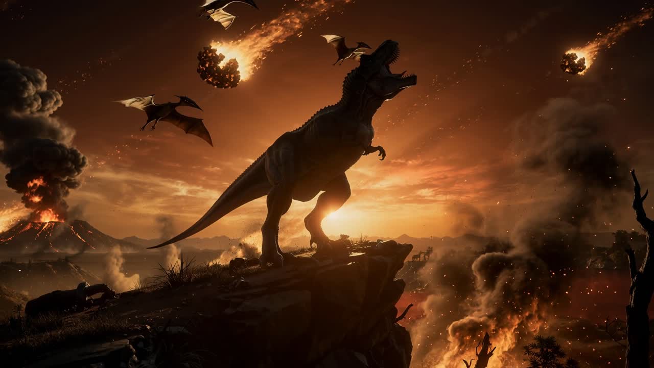 Dramatic prehistoric scene with Tyrannosaurus rex on a rocky cliff, erupting volcanoes, flying pterosaur, fire, smoke and meteors in a cinematic sunset landscape