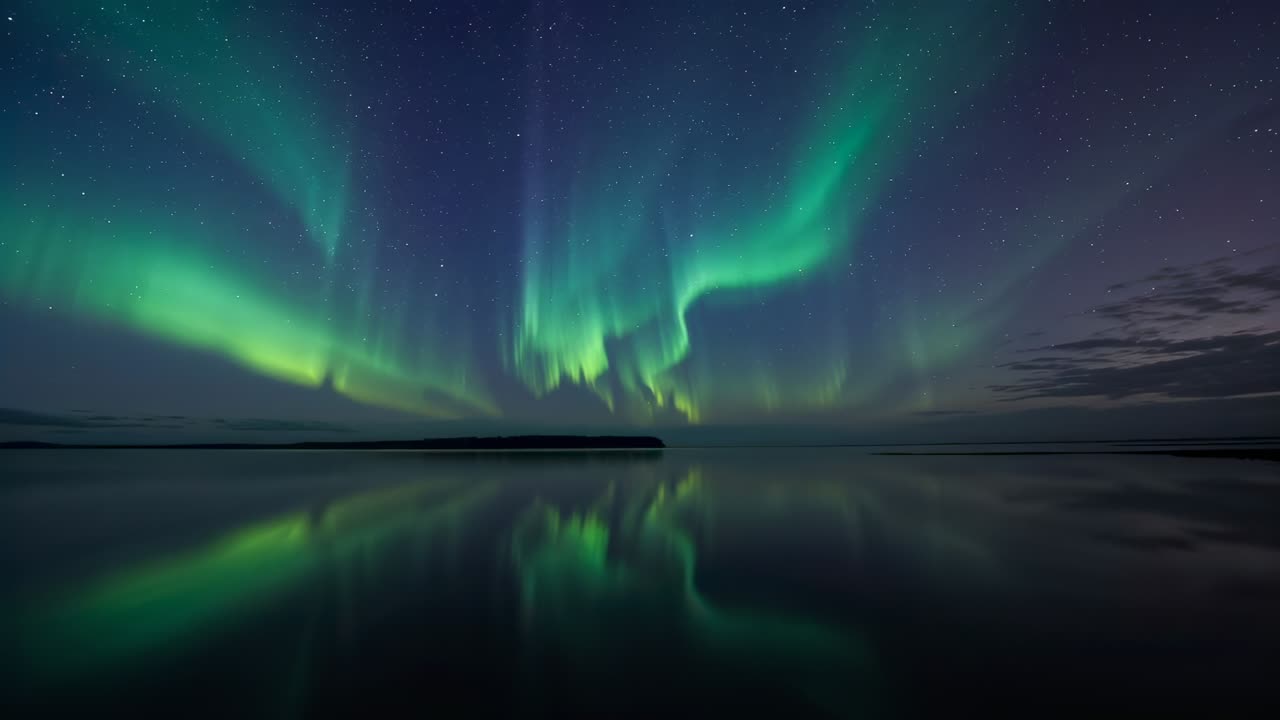 Auroral curtains and columns shifting over north lake, driven by solar wind, reflecting stars