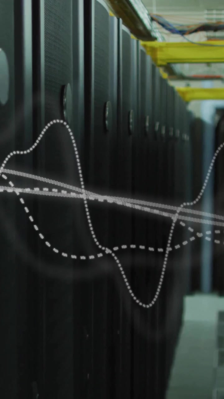 Animation of moving white diagrams over server room