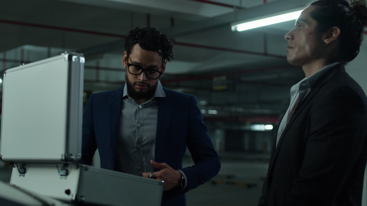Two Men Examining a Vault in an Underground Garage