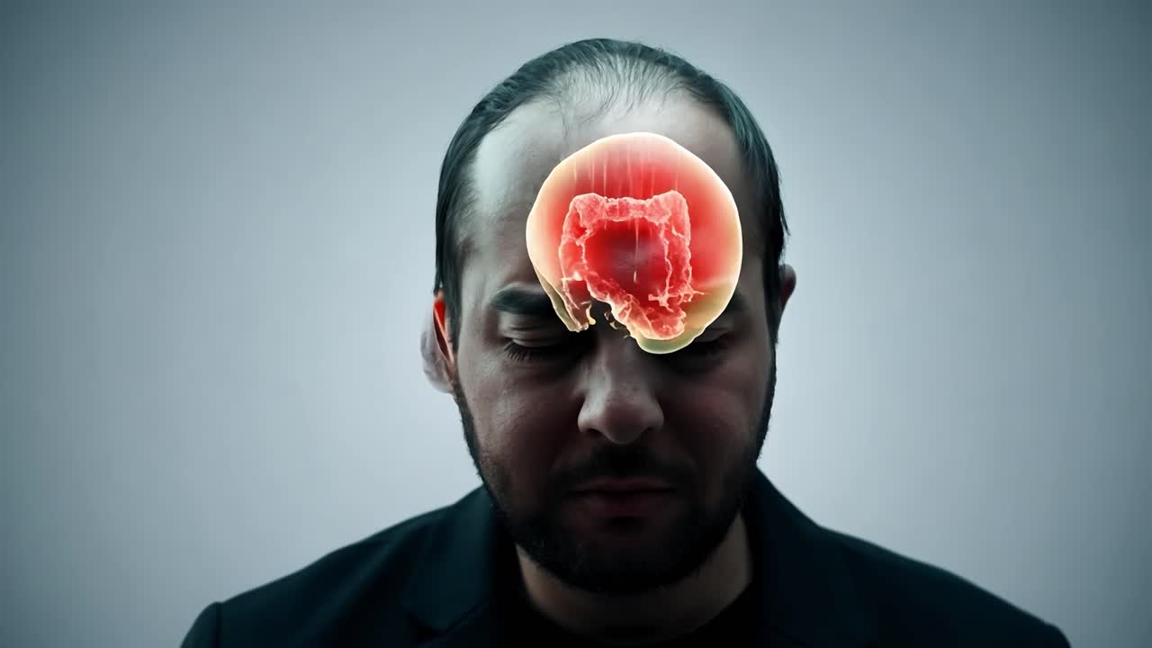 투명한 두개골과 은 빛나는 뇌를 가진 두통을 고 있는 남자