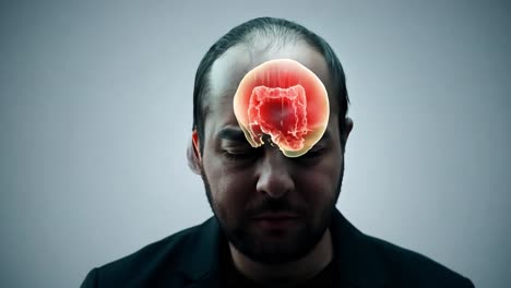 hombre que sufre de dolor de cabeza con un cráneo transparente y un cerebro rojo brillante