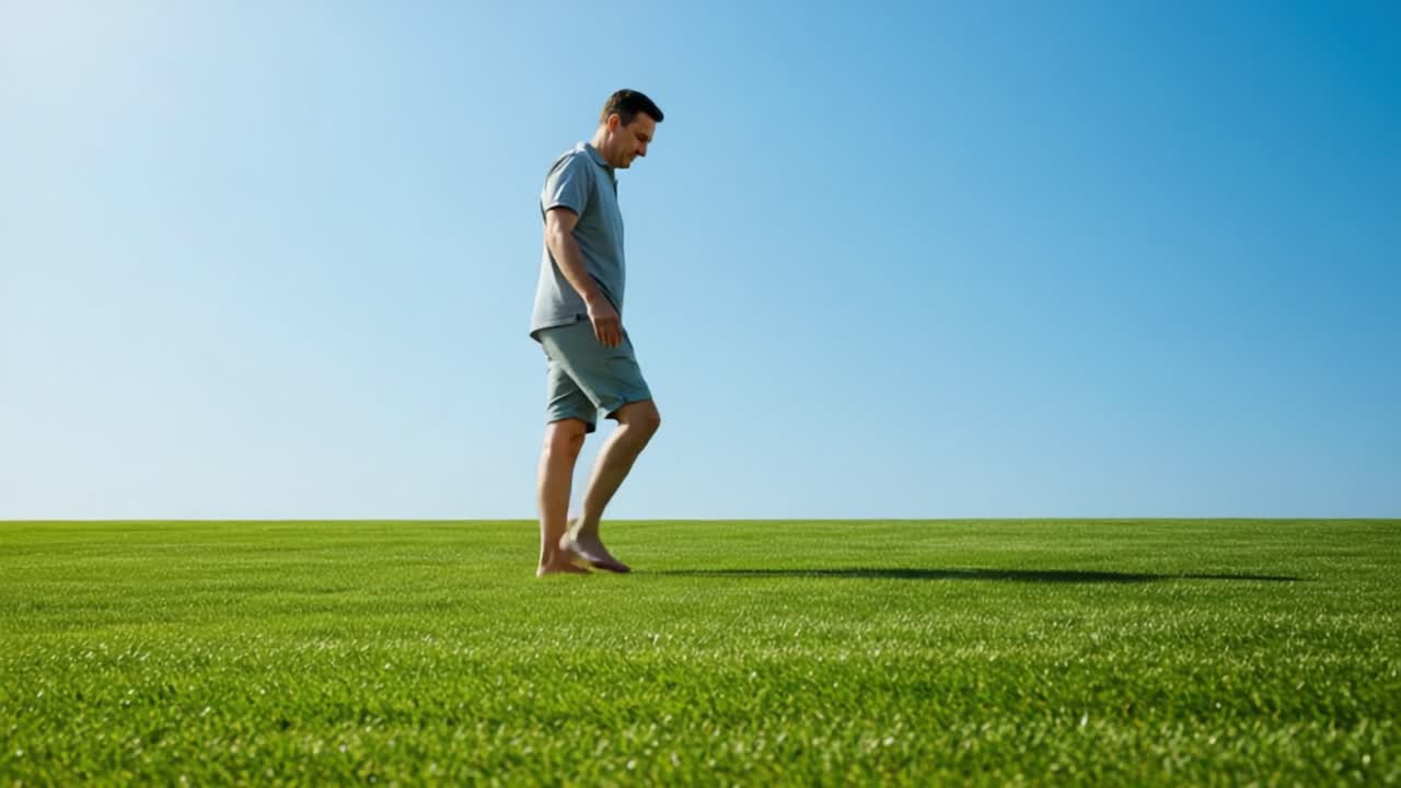 Exploring the Serenity of Nature: A Man Walks Barefoot Across a Lush Green Field Under Clear Blue Skies, Embracing the Calmness of the Outdoors