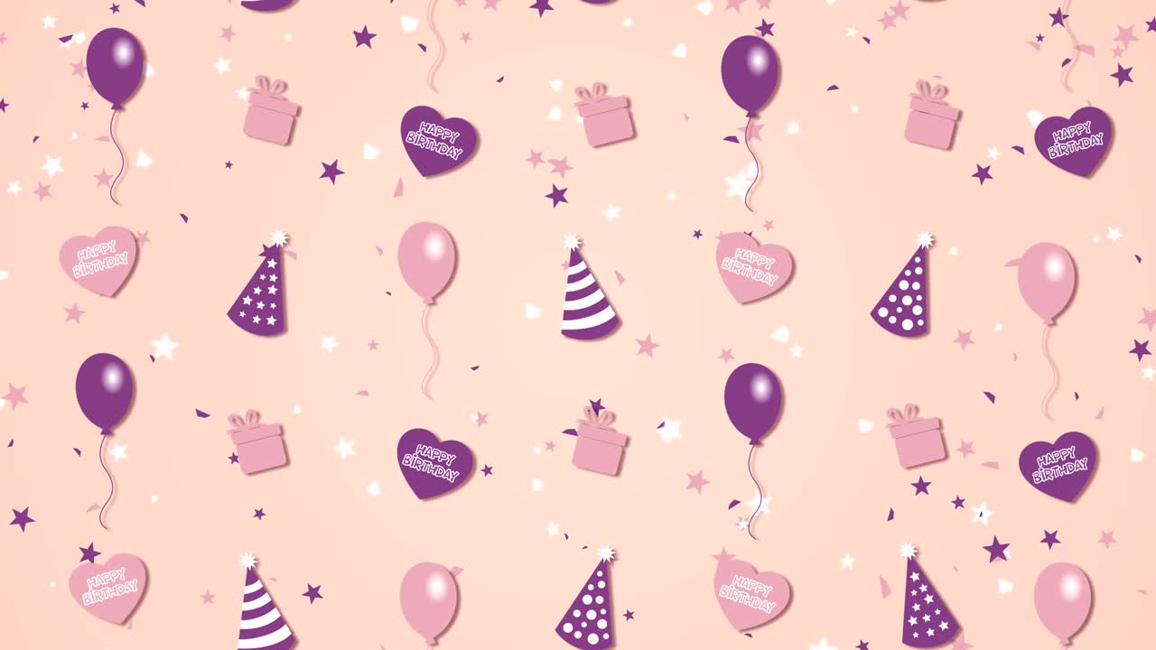 абстрактный фон счастливого дня рождения с воздушными шарами, шляпами и сердцами