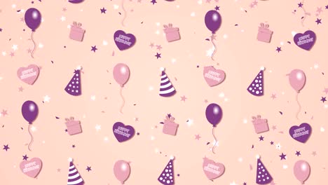 fondo abstracto feliz cumpleaños con globos, sombreros de fiesta y corazones