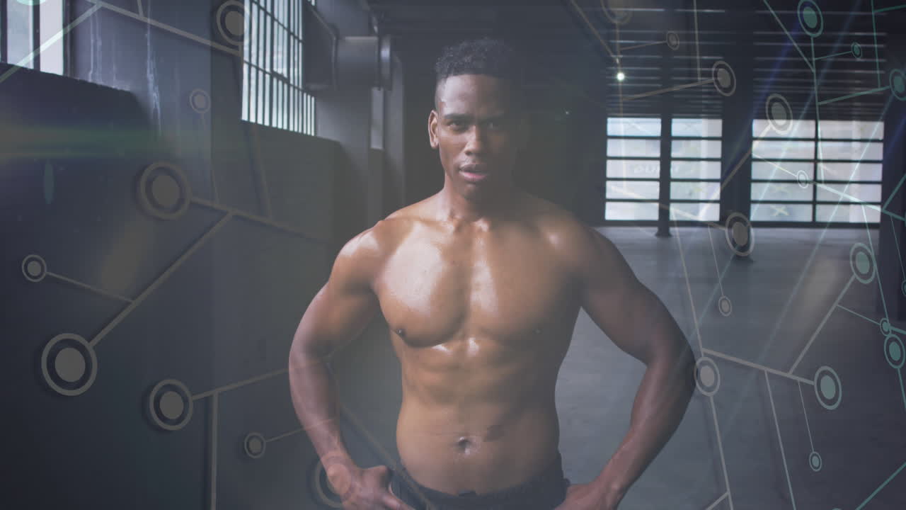 버려진 건물에서 근육을 휘두르는 사람 위의 연결 네트워크의 애니메이션