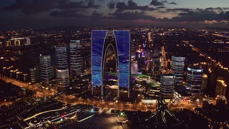 cbd buildings by jinji lake at night in suzhou, china.