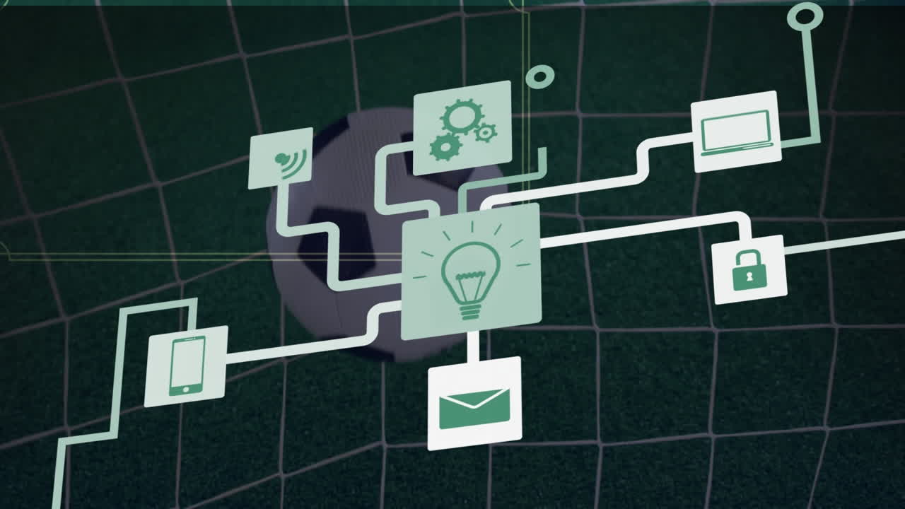Animation of network of digital icons against close up of soccer ball hitting the goal net