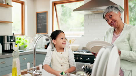 Happy,-grandmother-and-child-washing-dishes