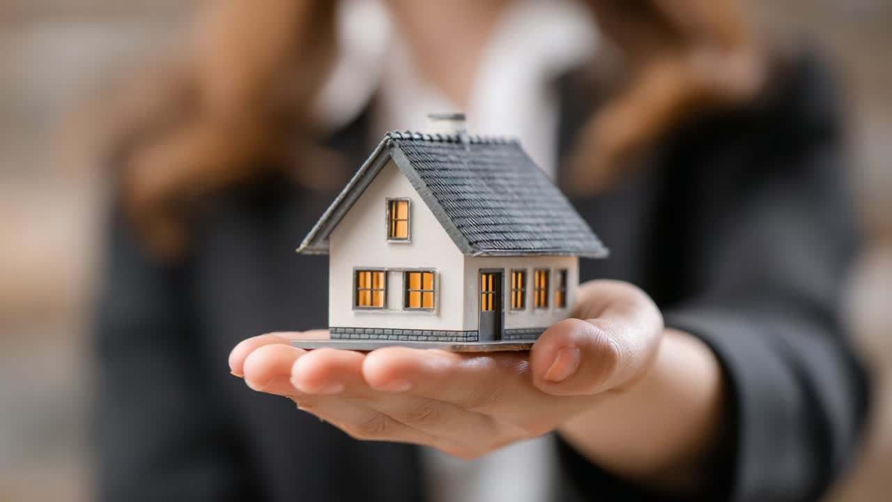Una persona segura de sí misma exhibe una detallada maqueta de casa en miniatura, simbolizando aspiraciones inmobiliarias, oportunidades de inversión y la esencia de la propiedad de vivienda en un contexto moderno.