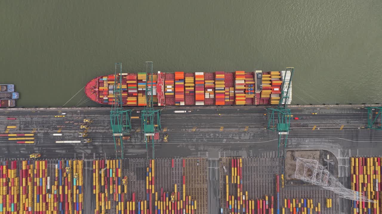 Aerial drone capture of industrial container port operations, Antwerp, Belgium