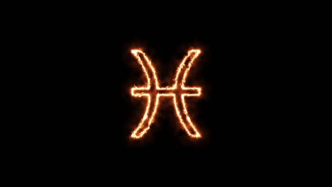 zodiac signs pisces on fire. animation on a black background letters 4k video is burning in a flame.