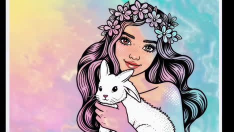 whimsical girl with flower crown holding a rabbit