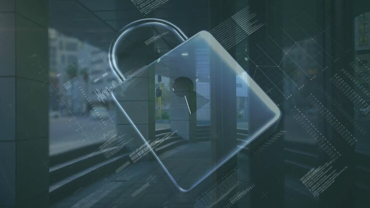 Animation of online security padlock over data processing and empty office