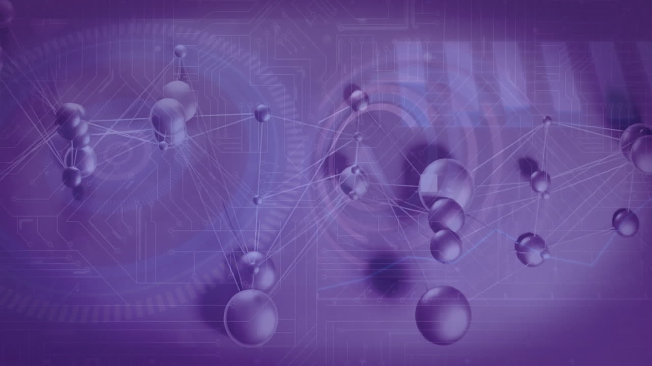 Animation of network with interconnected spheres and lines on purple background