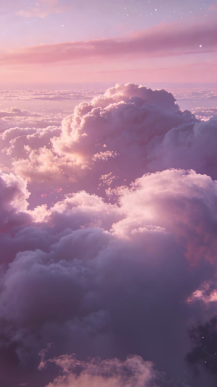 Vertical video: Gliding camera revealing cumulus cloud mass above horizon at sunrise, sparkles