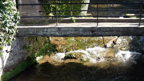 fresh stream water flowing under sunlit stone bridge crossing in rural countryside village