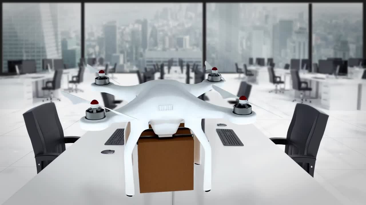 카드보드 상자를 들고 비행하는 드론의 디지털 이미지