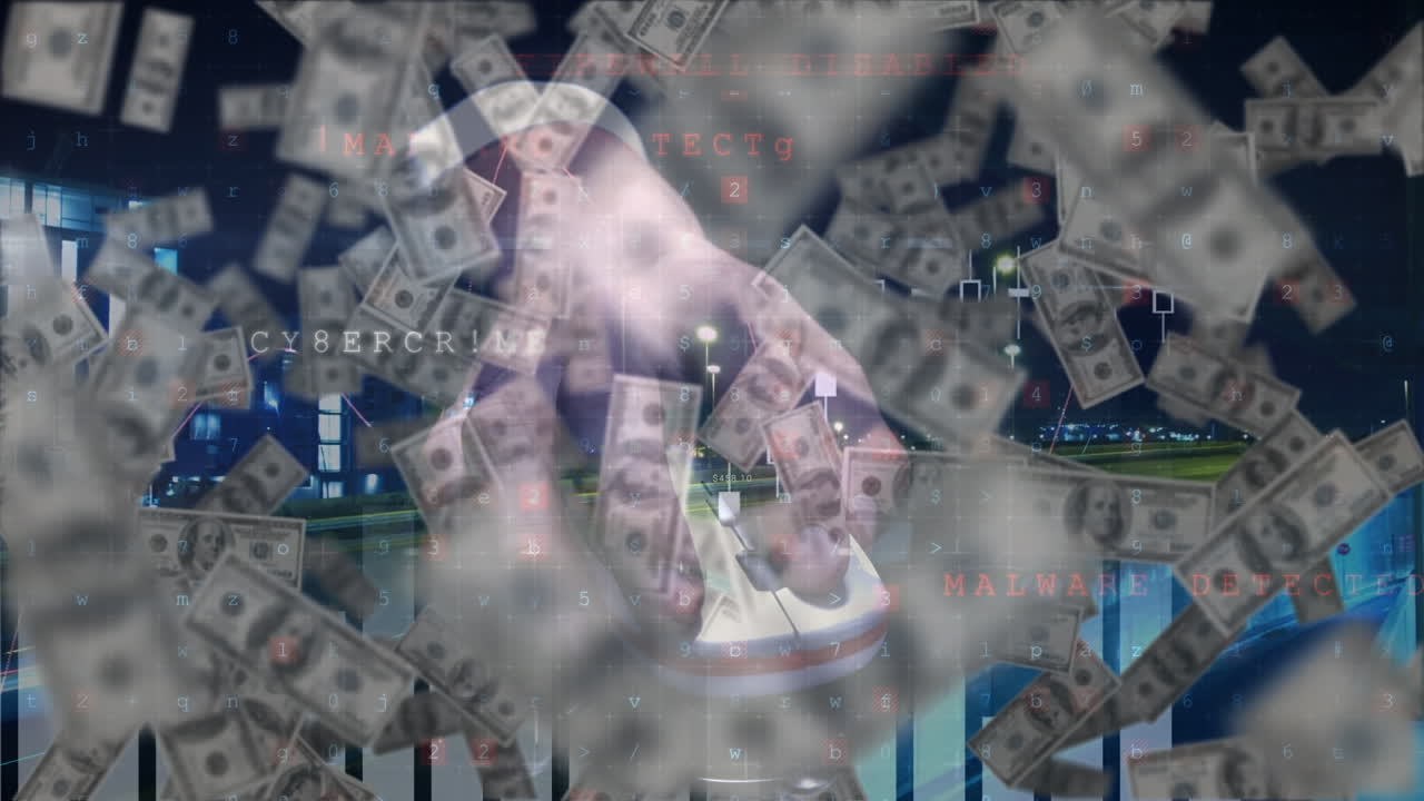 떨어지는 지폐 위에서 움직이는 데이터 처리의 애니메이션