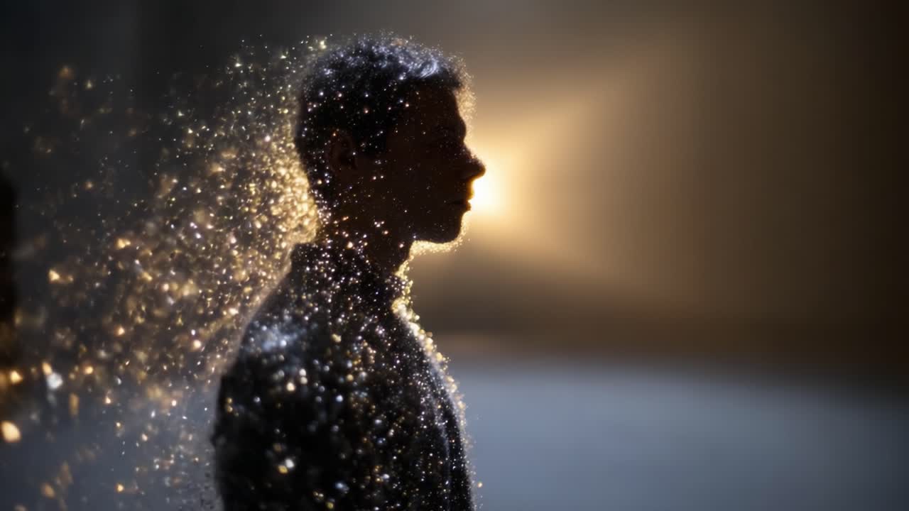 A Mystical Transformation: A Silhouette of a Person Surrounded by Sparkling Particles Creating an Enchanting Atmosphere in a Dimly Lit Space