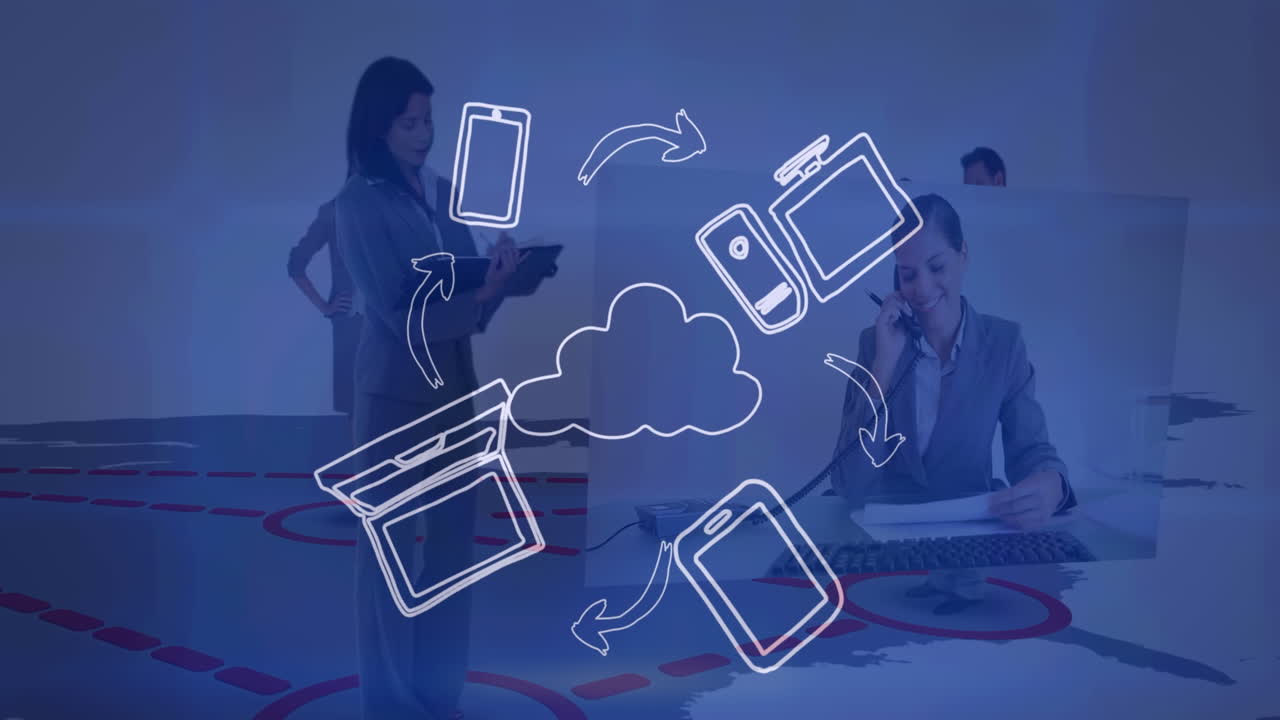 animación de iconos digitales girando sobre diversos empresarios que trabajan en un mapa del mundo.