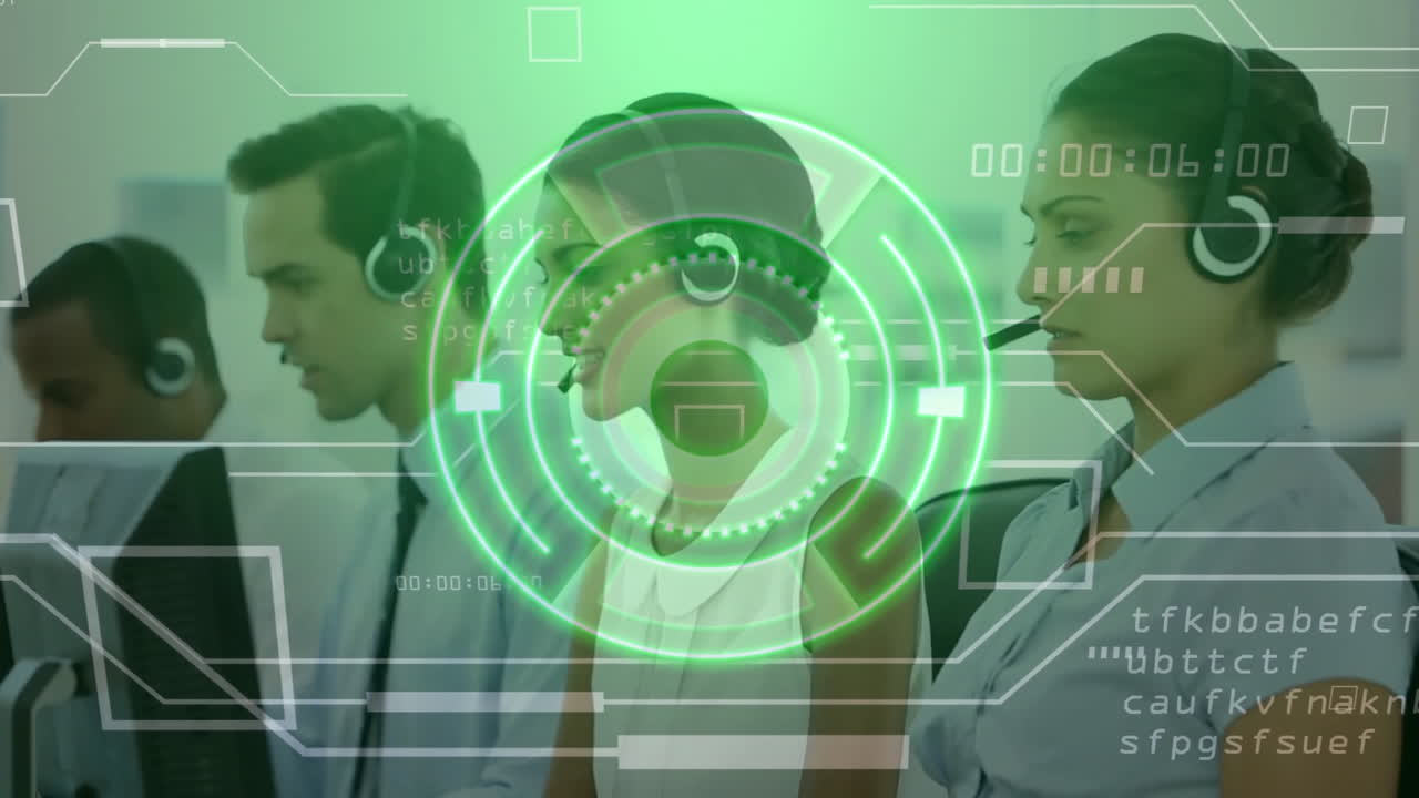 con auriculares, representantes de servicio al cliente con animación de interfaz digital