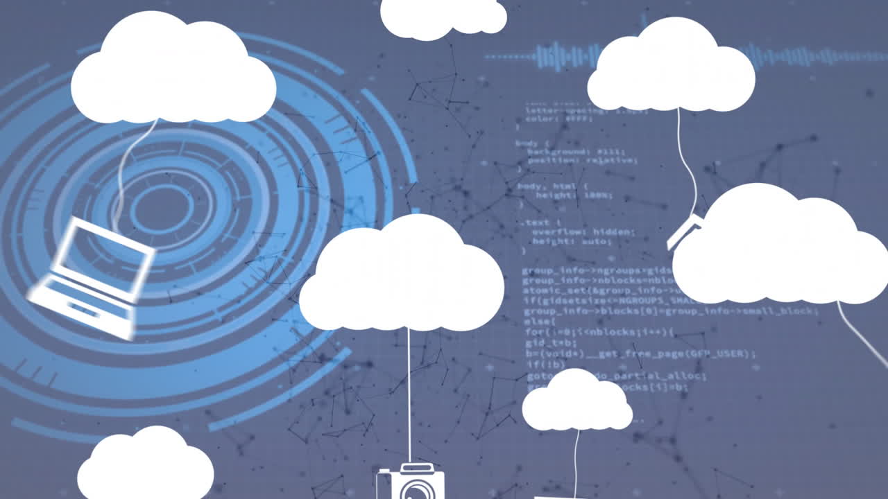 Animation with digital code and circular interface, cloud graphics on blue background
