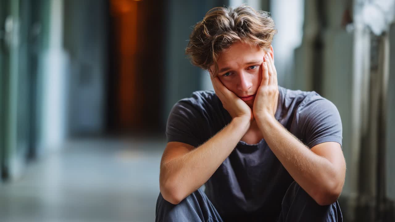 Un giovane uomo in un momento di riflessione: cattura l'emozione di una figura solitaria immersa nei suoi pensieri, seduta in un corridoio scarsamente illuminato, che esprime sentimenti di contemplazione e incertezza con le mani sul viso