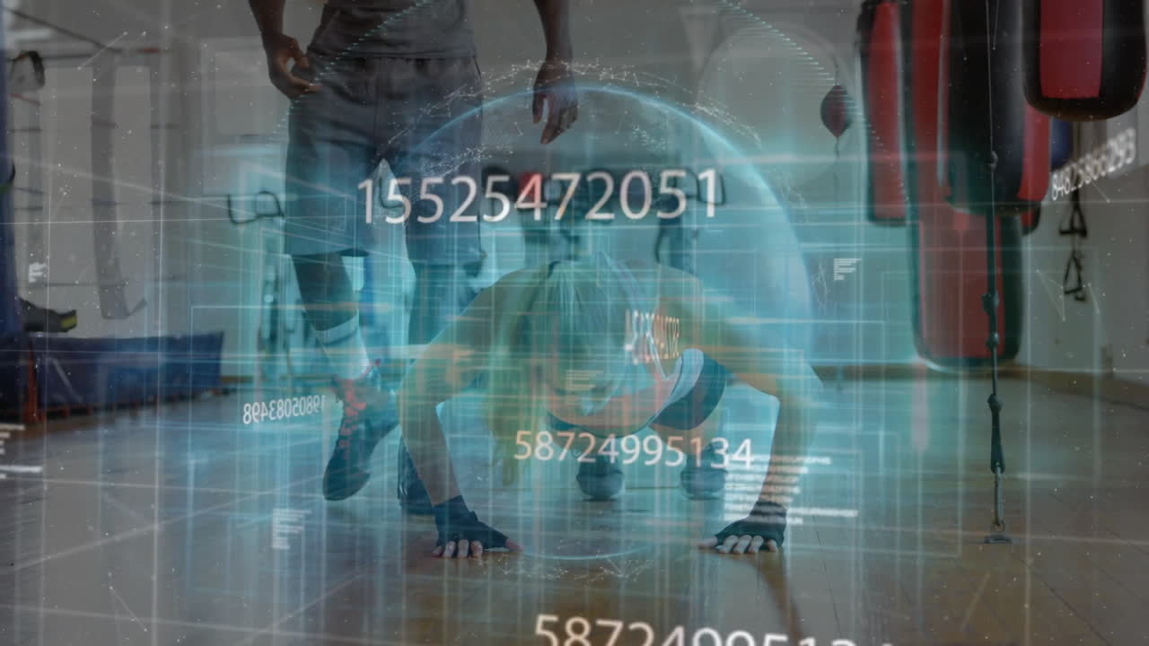 trainer kneeling guiding female athlete performing push-ups in gym, displaying numeric overlays