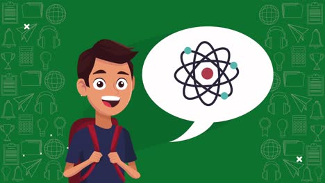 animación de regreso a la escuela con el escolar y el átomo