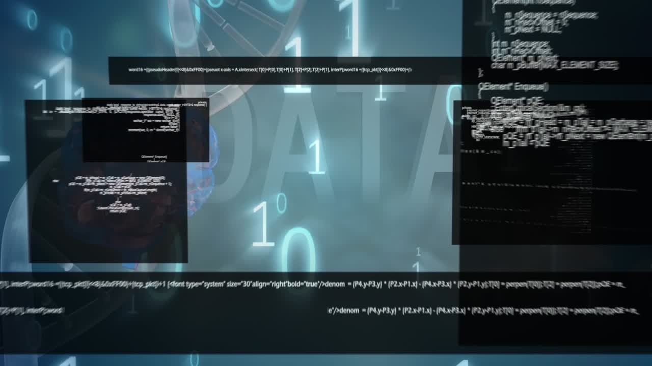 Animation of binary coding, human brain, dna strand and data processing