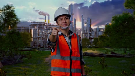engineer pointing at a factory landscape