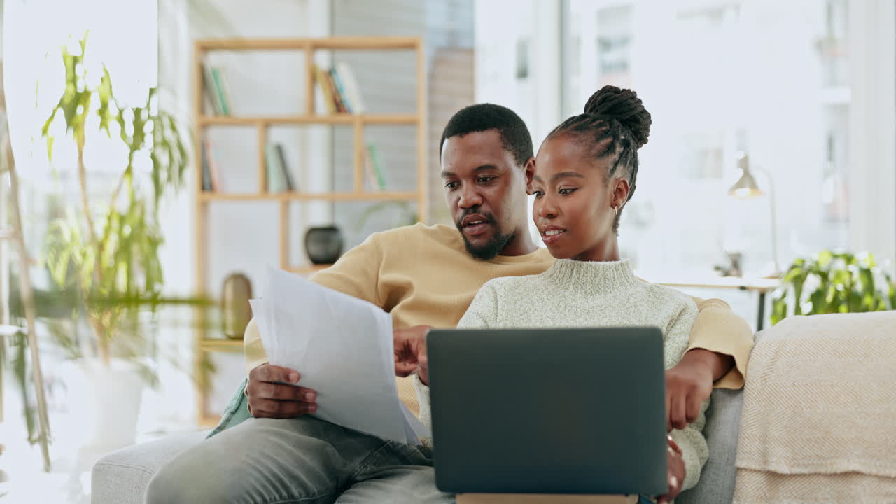 Black couple, home laptop and web banking of young