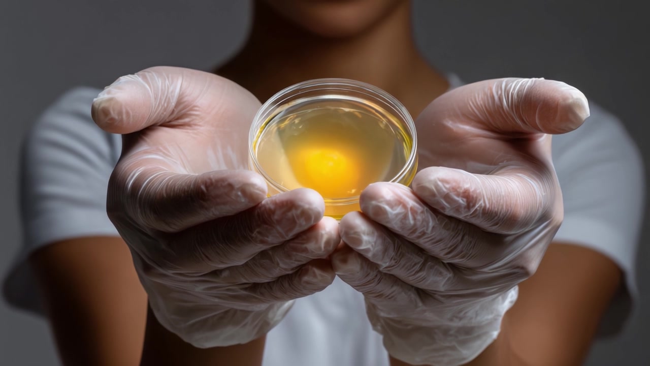 Una vista ravvicinata delle mani di una persona che tengono un piccolo barattolo contenente un liquido giallo, evidenziando la manipolazione attenta di una sostanza potenzialmente preziosa in un ambiente di laboratorio.