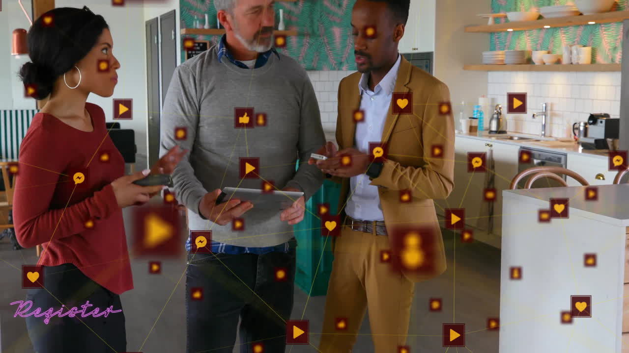 animación de la red de conexiones con iconos sobre diversos colegas que trabajan en la oficina