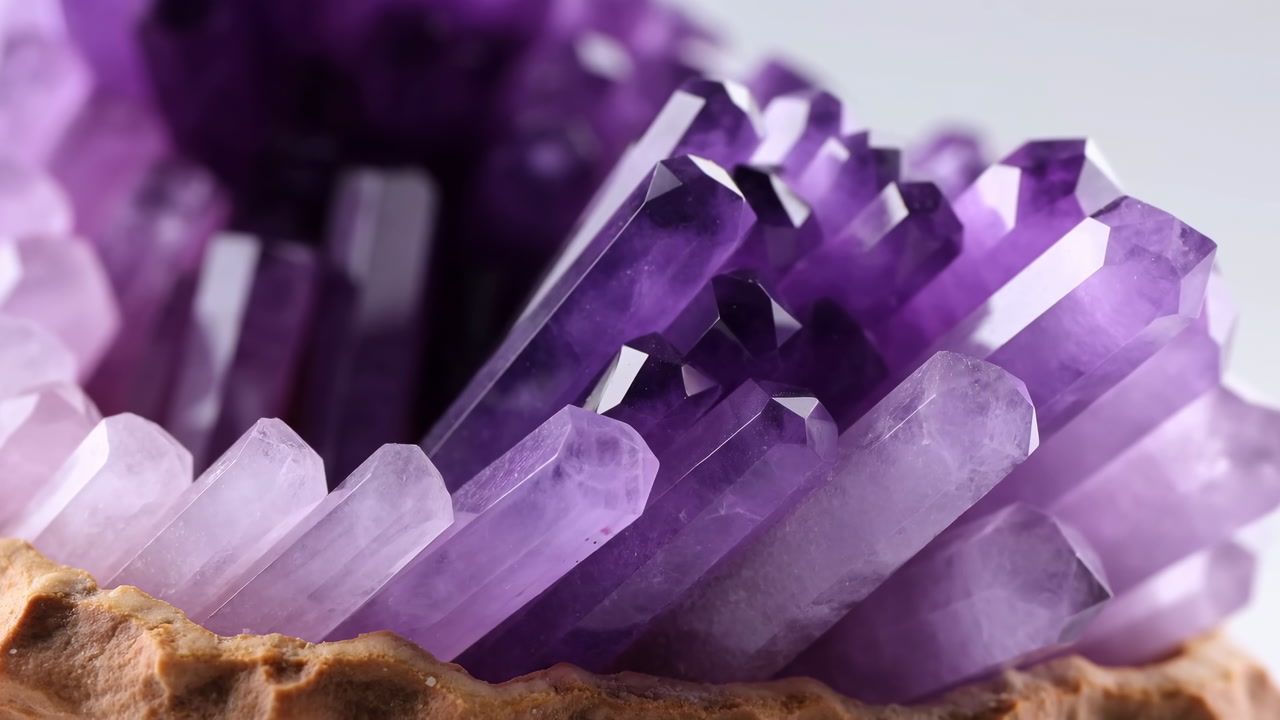 Closeup Purple Amethyst Crystal Cluster Revealing Lustrous Facets And Translucent Prisms On Rough Brown