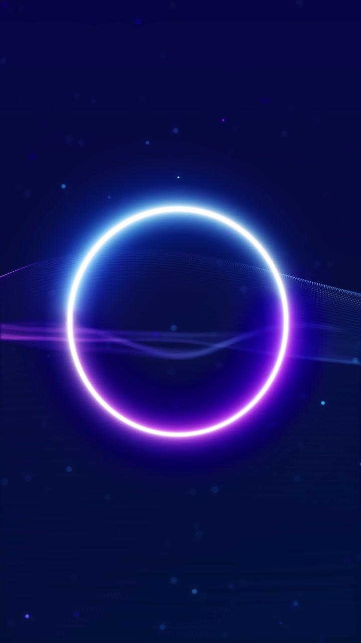 Neon cirkelbølgepartikelbaggrund med glødende blå og lilla ring, flydende prikket net og