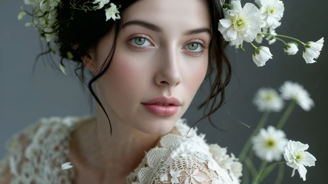 Ritratto Etereo di una Donna con Ornamenti Floreali Bianchi