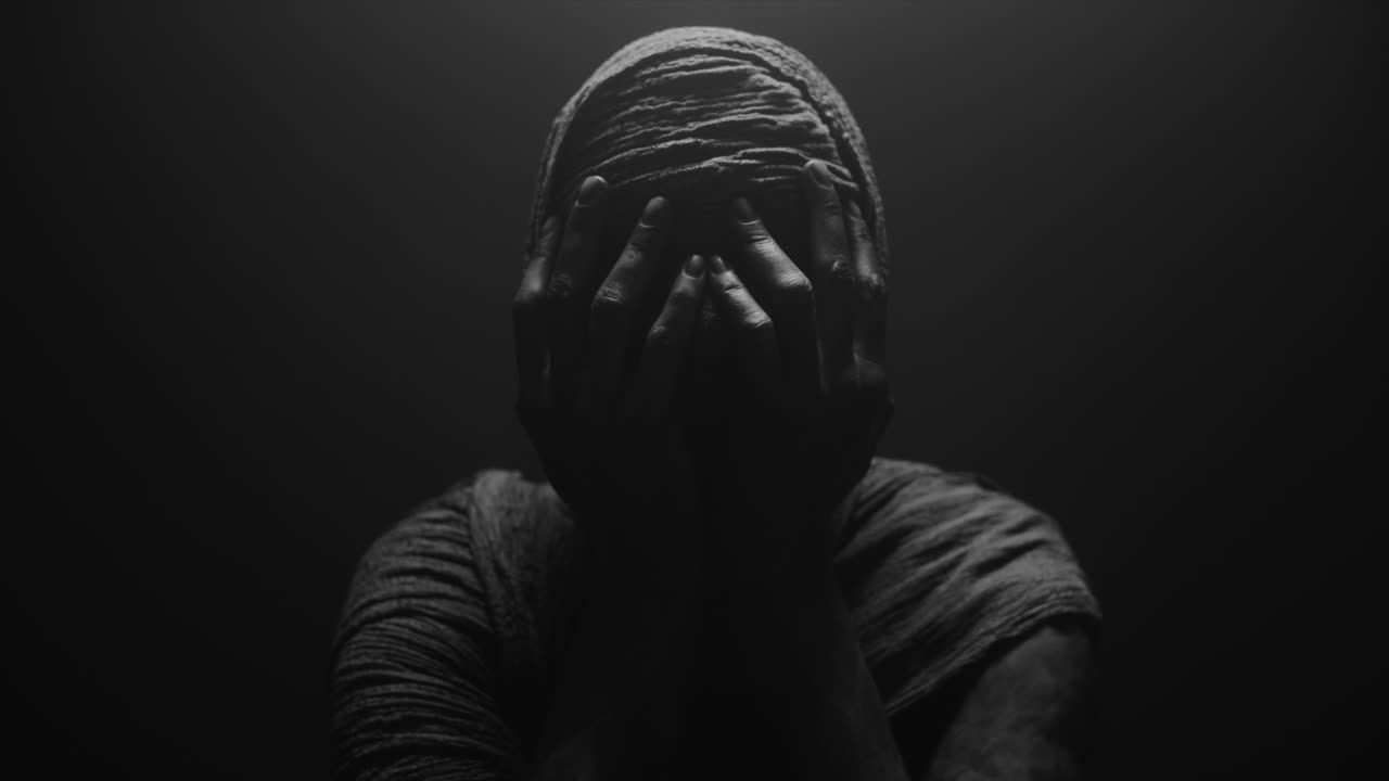 A mummified woman against the dark background in keeps her hands on her face the powerful pose full of despair