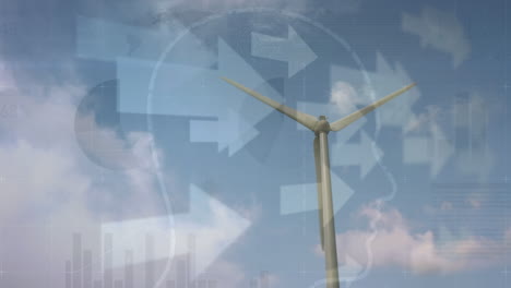 animación de flechas y gráficos sobre la turbina eólica moviéndose sobre el cielo con nubes
