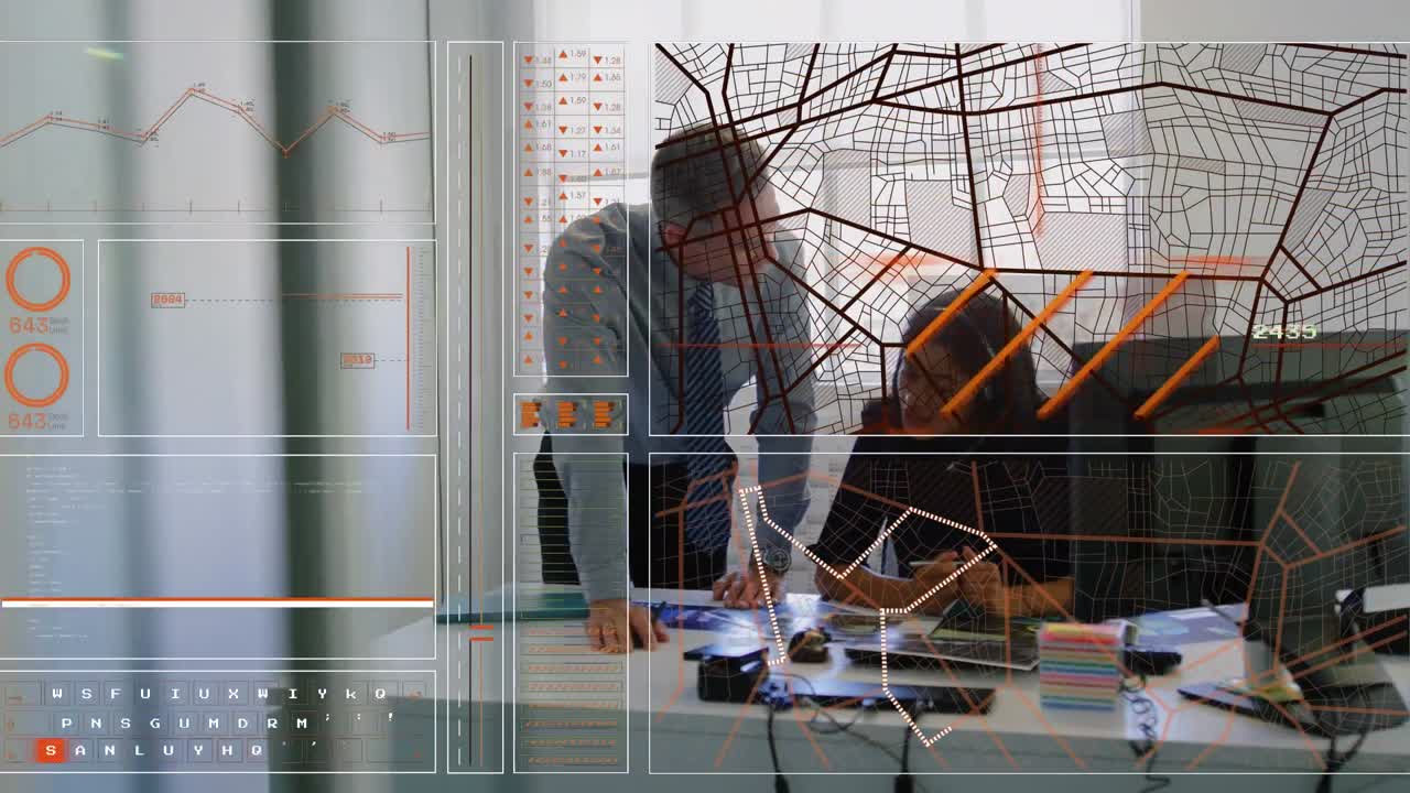 animazione del grafico, cerchio di caricamento, modello di navigazione, diversi colleghi che discutono rapporti